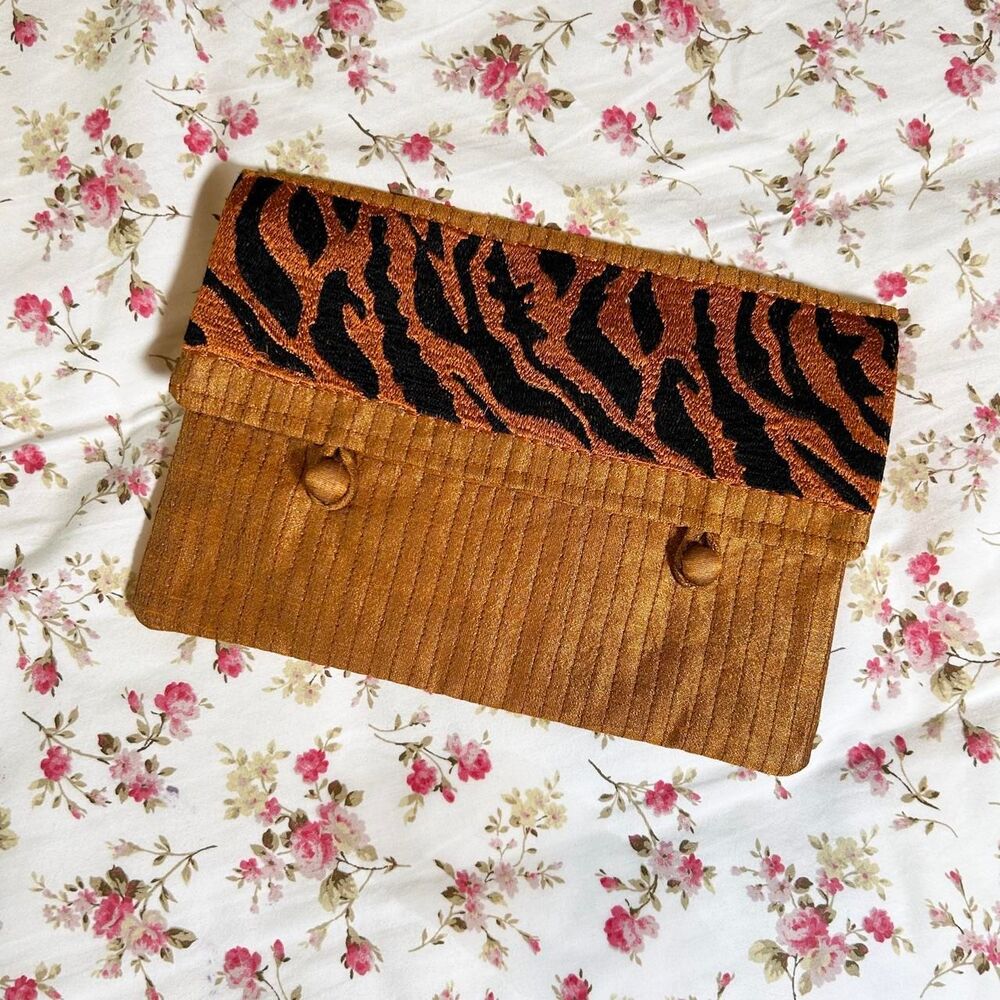 Tiger print brown gold small clutch